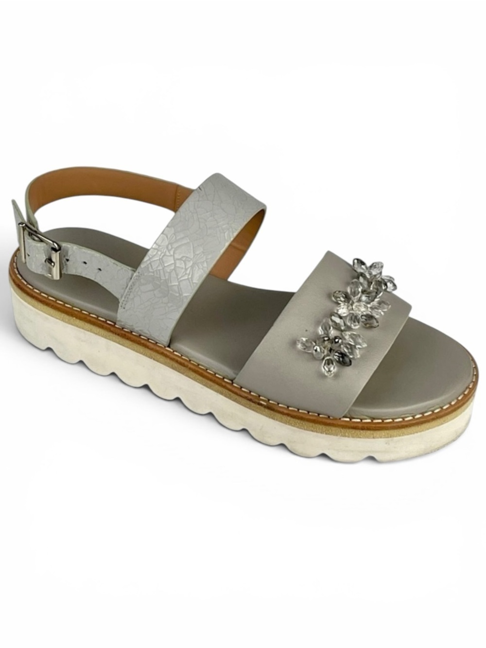 ANTHROPOLOGIE SANCHITA CRACKLE LEATHER BEADED FLORAL SLINGBACK PLATFORM SANDAL